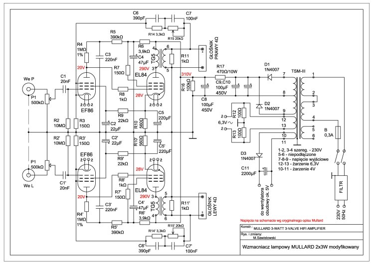 Schemat zmodyfikowanego stereofonicznego wzmacniacza lampowego EF86 EL84