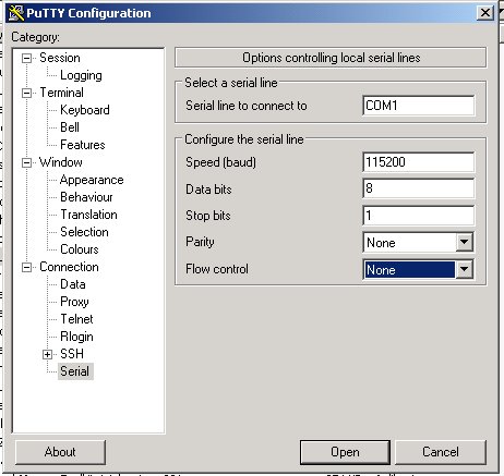 Ekran ustawie RS-232 programu putty